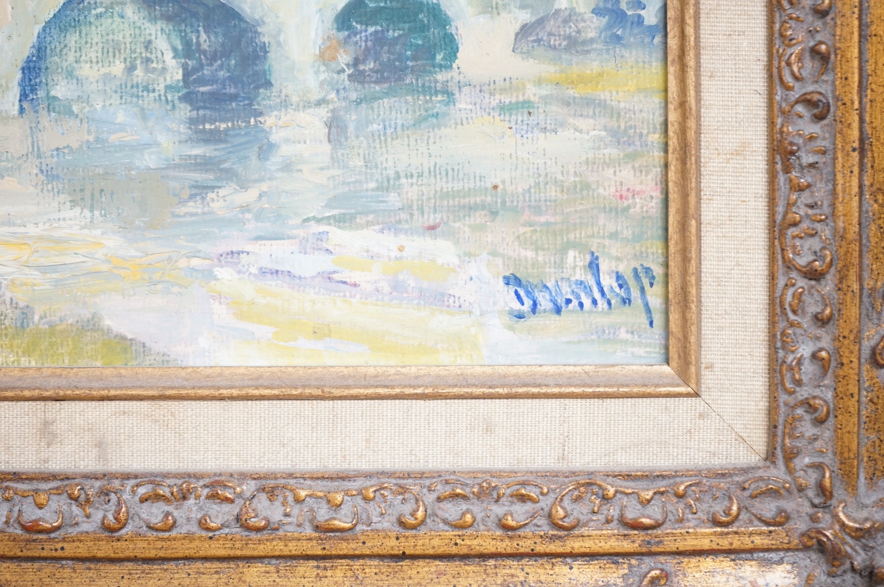 Ronald Ossory Dunlop (Irish, 1894-1973), oil on board, Bridge over water, signed, 18 x 23cm, ornately framed. Condition - good
